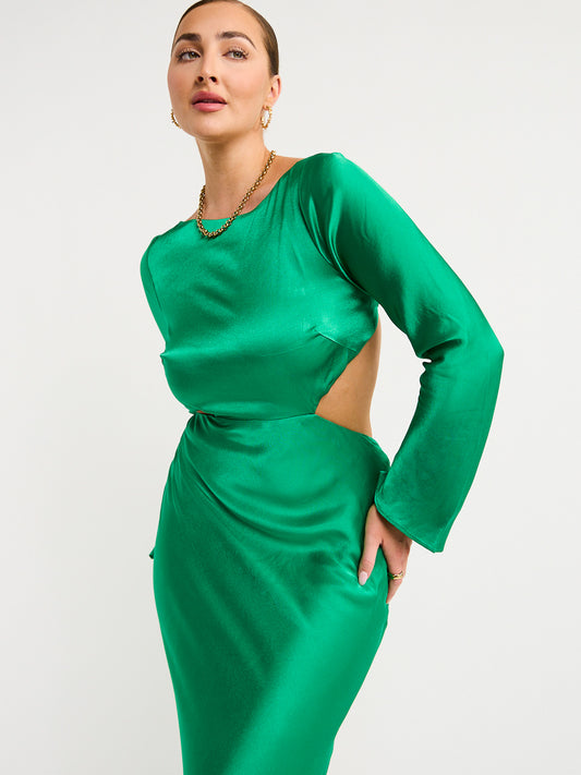 Shona Joy Lana Long Sleeve Open Back Midi Dress in Tree Green
