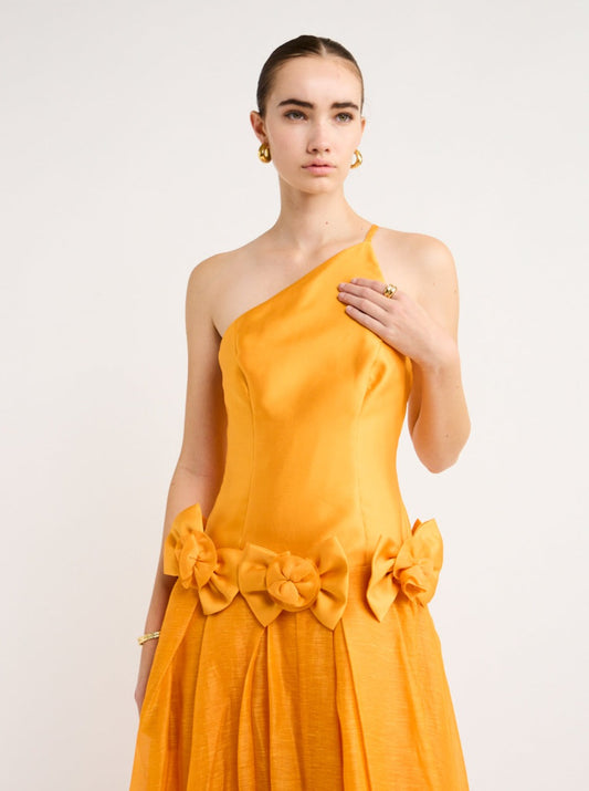 Alemais Macie One Shoulder Rosette Dress in Saffron
