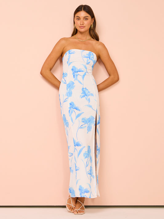 Issy Maxi Column Dress in Blue Floral Print