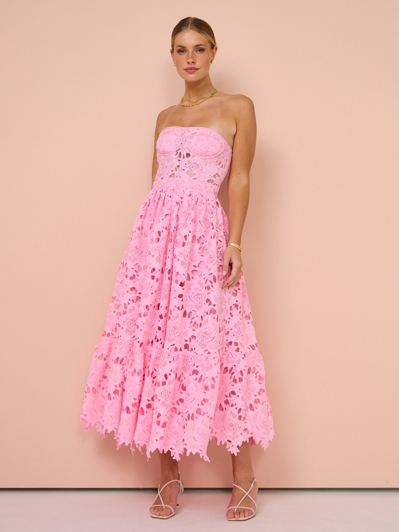 Leo Lin Emilia Lace Bustier Midi Dress in Candy Pink Coco & Lola Leo Lin Emilia Lace Bustier Midi Dress in Candy Pink Coco & Lola