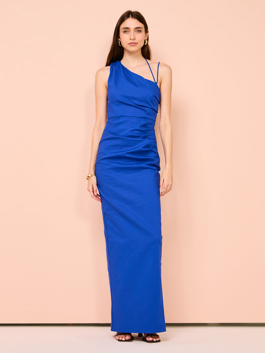 Shona Joy Lani Asymmetrical Gathered Maxi Dress in Azure