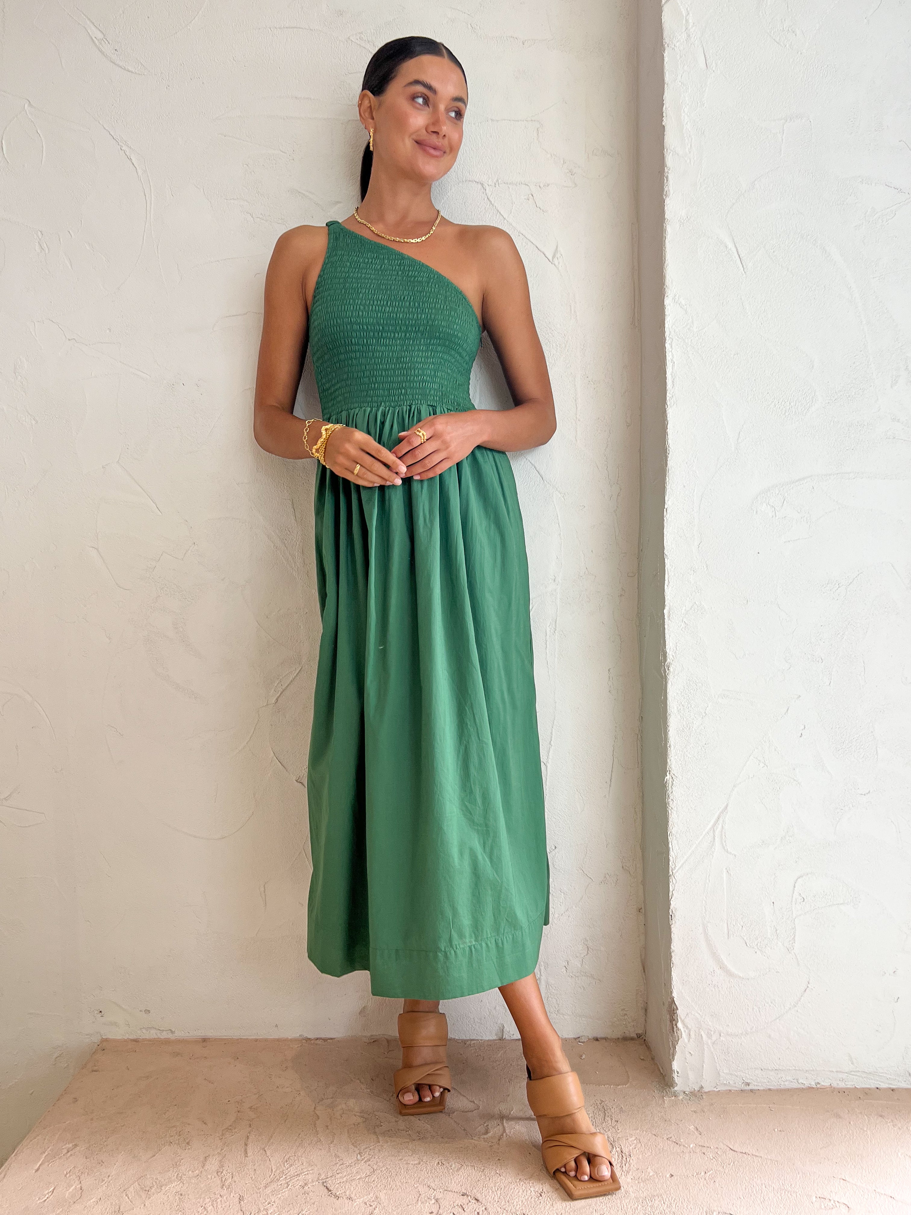 Faithfull outlet the Brand Small Khalani Midi Dress Dark Green One Shoulder