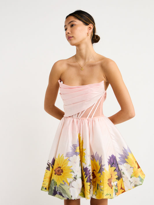 Leo Lin Katy Bustier Mini Dress in Sunflower Print in Pink