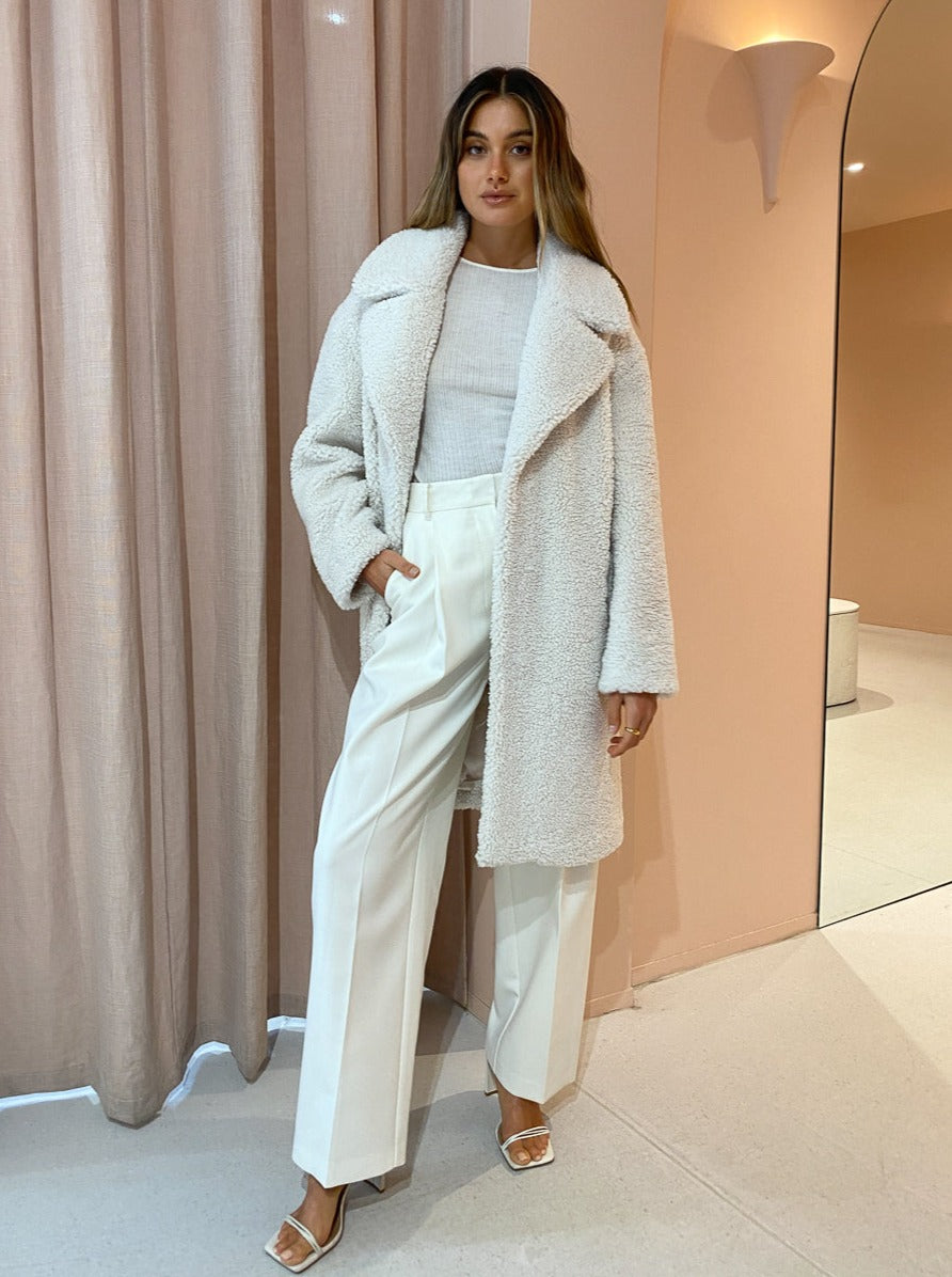Ena Pelly Longline Teddy Jacket in Bone - Main Image