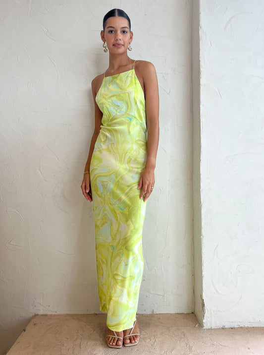 Ginia Gaia Maxi Dress in Lime Swirl Print