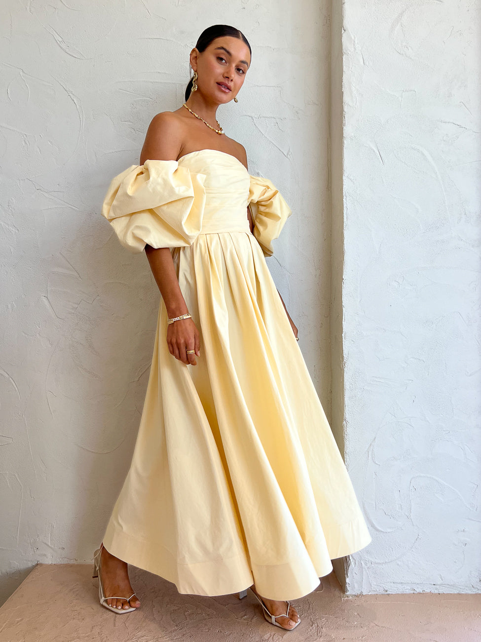 knee length dresses for ladies Leo Lin Matilda Puff Sleeve Midi Dress in Lemon – Coco & Lola