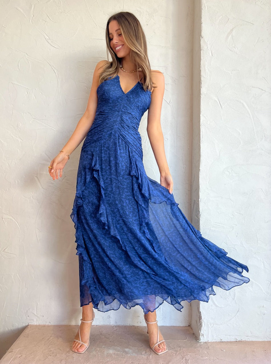 Shona Joy Saldanha Ruched Frill Maxi Dress in Strong Blue/Deep Blue Coco & Lola Shona Joy Saldanha Ruched Frill Maxi Dress in Strong Blue/Deep Blue Coco & Lola