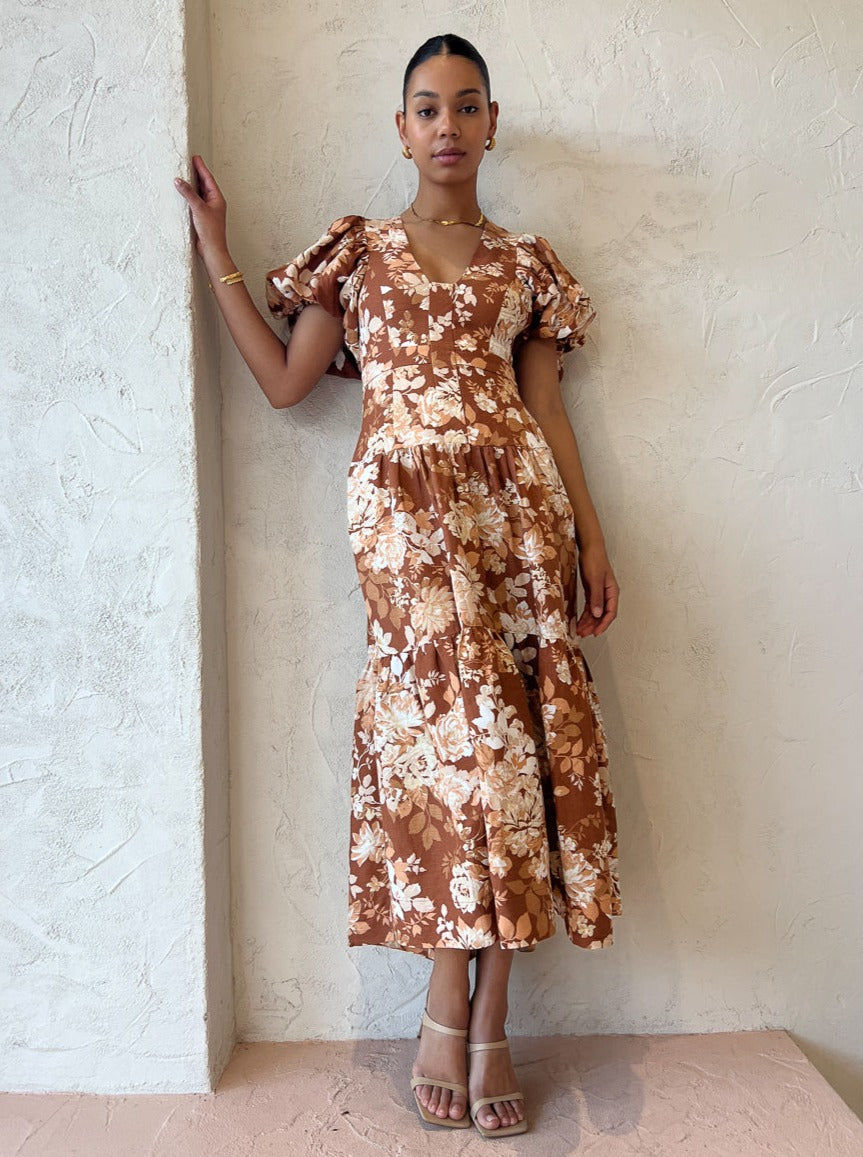 Shona Joy Capucine Plunged Short Sleeve Midi Dress in Almond/Multi – Coco &  Lola