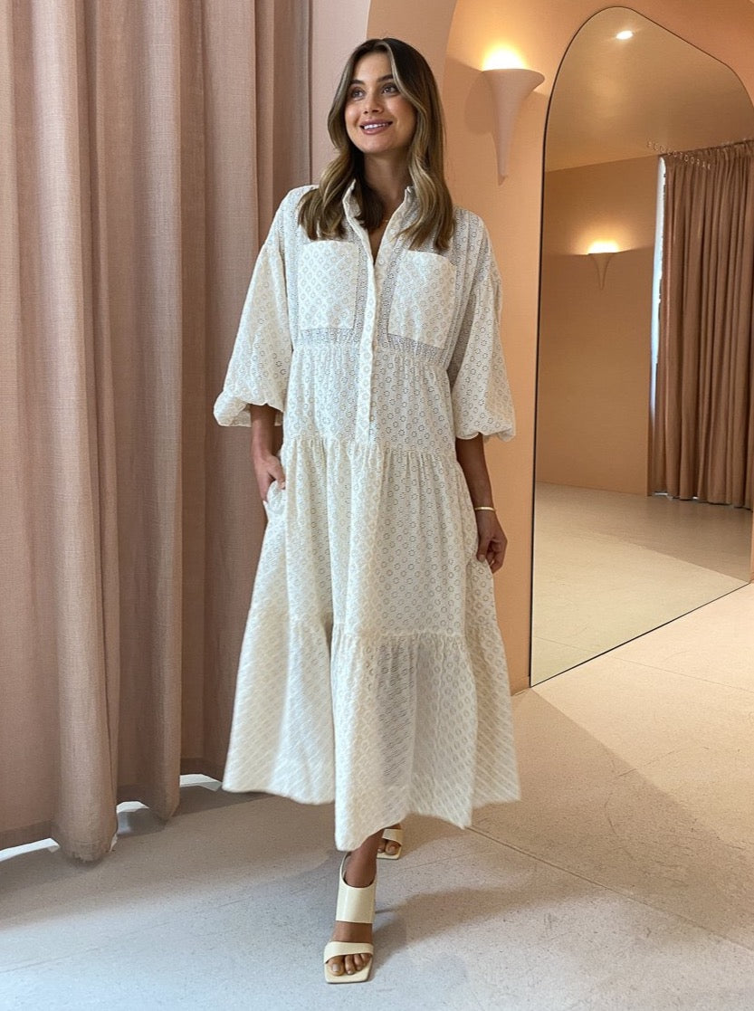 Shona Joy Poppy Balloon Sleeve Tiered Midi Dress In Buttermilk Shona Joy Poppy Balloon Sleeve Tiered Midi Dress In Buttermilk