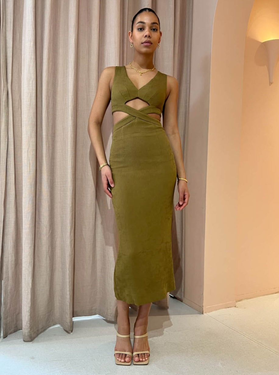 Shona Joy Simone V Neck Cut Out Midi Dress in Cumin Coco & Lola Shona Joy Simone V Neck Cut Out Midi Dress in Cumin Coco & Lola