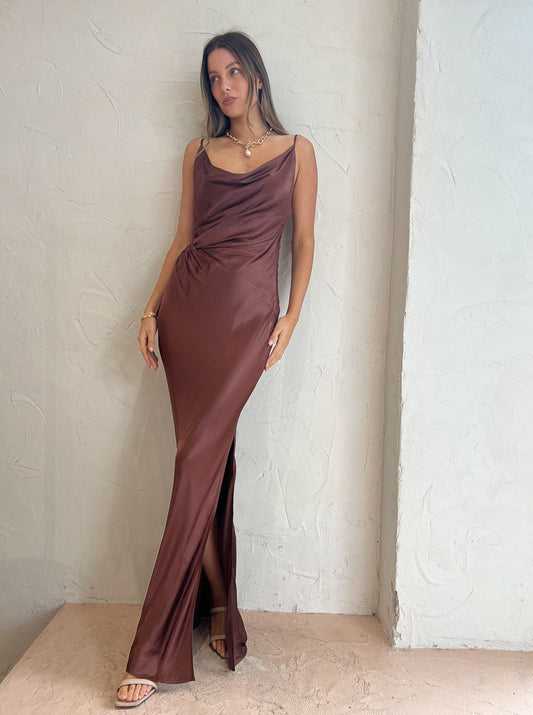 Suboo Tate Twist Front Cowl Maxi Dress in Chocolate