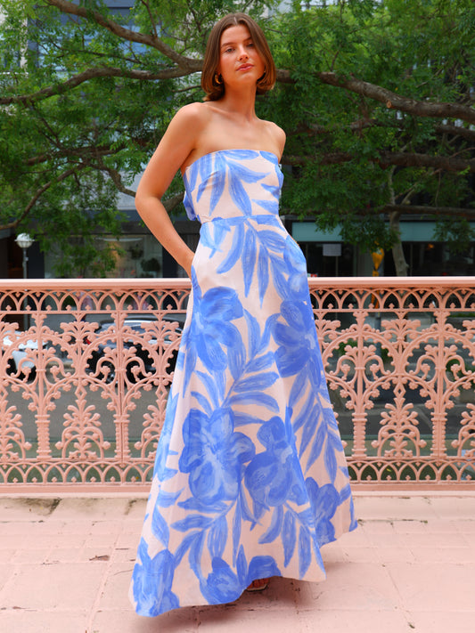 By Nicola Wavy Strapless Maxi Dress in Blue Lagoon