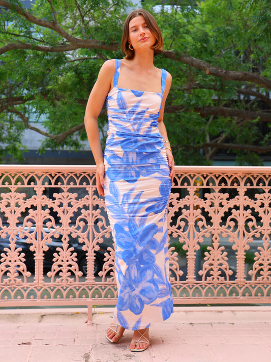 By Nicola Bay Gathered Maxi Dress in Blue Lagoon