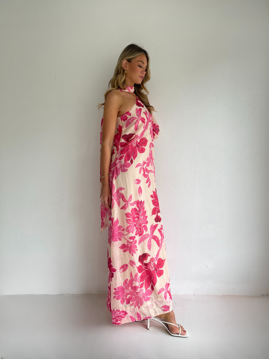 By Nicola Astrid maxi dress in potpourri pink floral print with soft linen cotton ramie and flowing silhouette, perfect for weddings and summer events