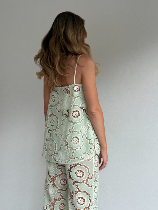By Nicola Romily cami top in mint floral lace with sheer embroidery and relaxed fit