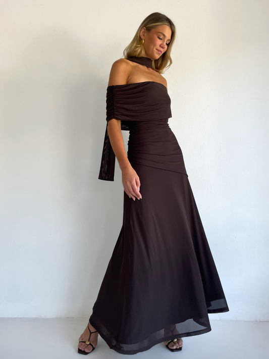 By Nicola Fiesta Off Shoulder Maxi Dress in Chocolate