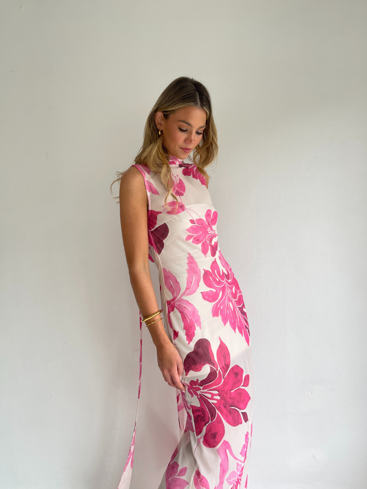 By Nicola Juno maxi dress in potpourri floral print with bias cut chiffon, reversible design and included jersey slip, perfect for weddings and summer events
