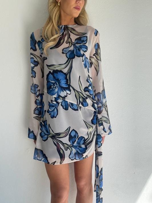 BY NICOLA Elodie Mini Dress in Blue Floral with feminine floral print and mini silhouette