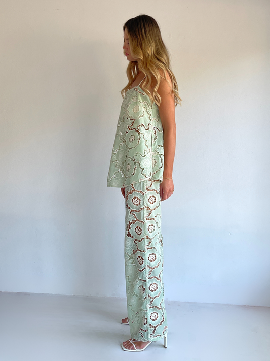 By Nicola Romily cami and pant set in mint lace with floral cut-out detailing, perfect for summer events and evenings out
