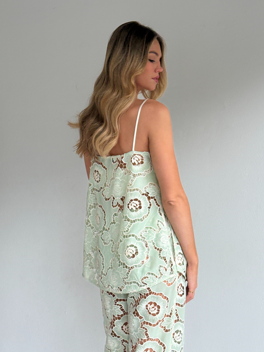 By Nicola Romily cami top in mint floral lace with sheer embroidery and relaxed fit