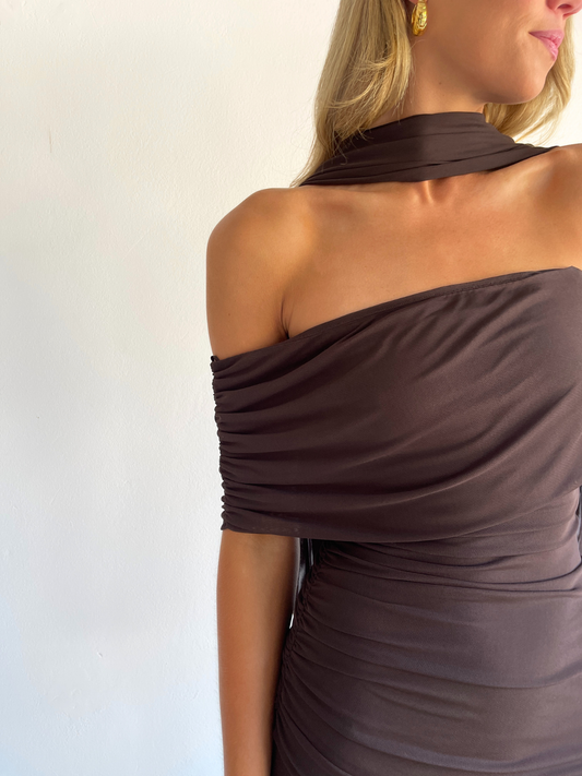 By Nicola Fiesta Off Shoulder Maxi Dress in Chocolate