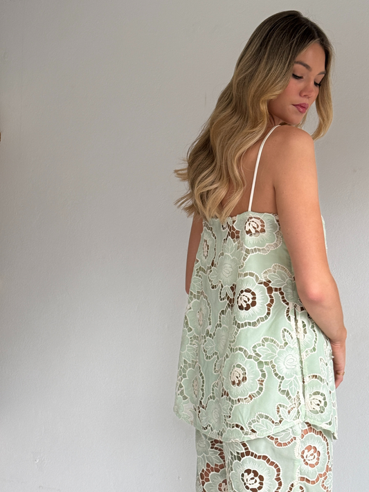 By Nicola Romily cami in mint lace with floral cut-out embroidery, ideal for summer events and daytime outings