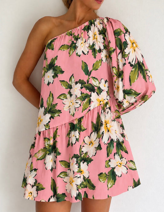 By Nicola Vita Off Shoulder Mini Dress in Daisy Coral