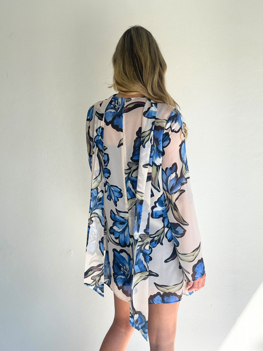 BY NICOLA Elodie Mini Dress in Blue Floral with feminine floral print and mini silhouette