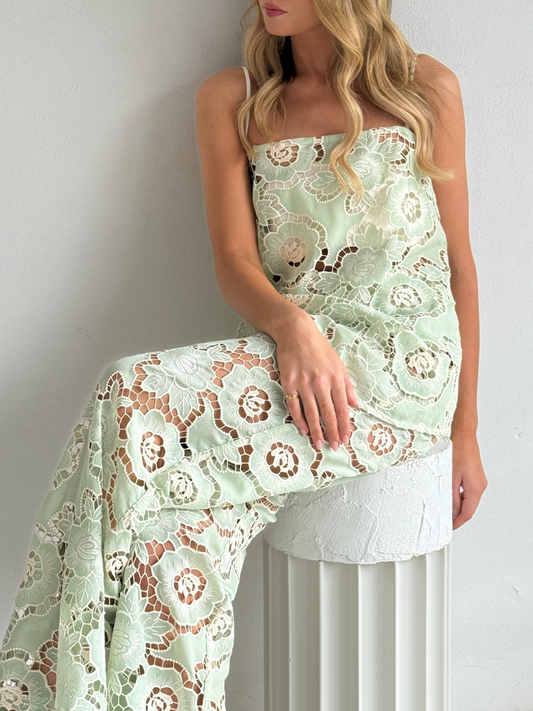By Nicola Romily cami and pant set in mint lace with floral cut-out detailing, perfect for summer events and evenings out