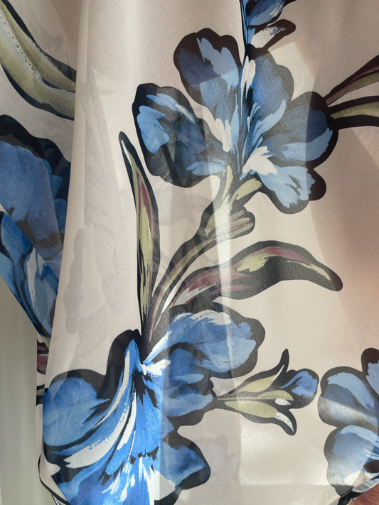 BY NICOLA Elodie Mini Dress in Blue Floral with feminine floral print and mini silhouette Fabric Detail Chiffon