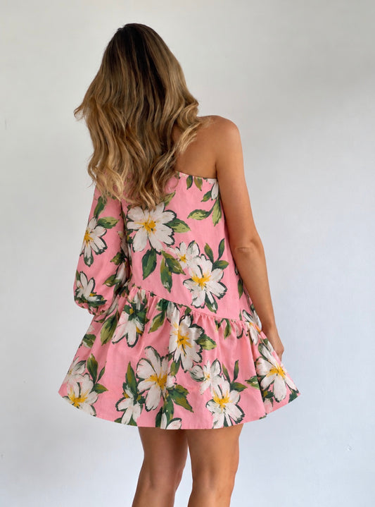 By Nicola Vita Off Shoulder Mini Dress in Daisy Coral