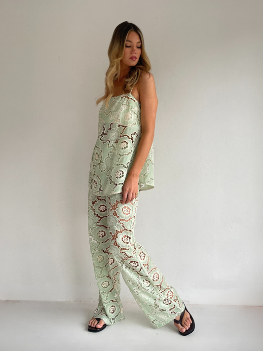 By Nicola Romily cami and pant set in mint lace with floral cut-out detailing, perfect for summer events and evenings out
