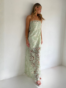 y Nicola Tove maxi dress in mint lace with floral cut-out detailing, ideal for summer events and special occasions