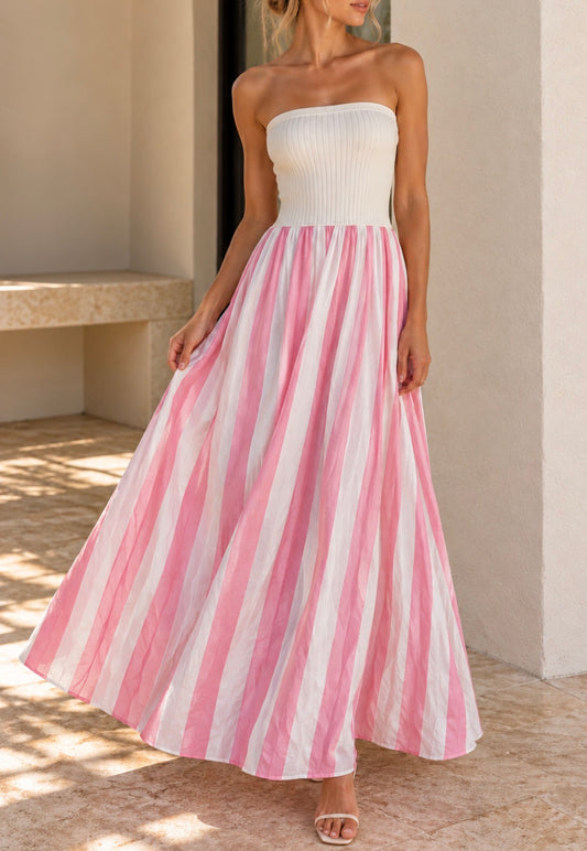 By Nicola Florence Maxi Dress in Pink and White Stripe