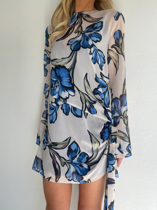 BY NICOLA Elodie Mini Dress in Blue Floral with feminine floral print and mini silhouette