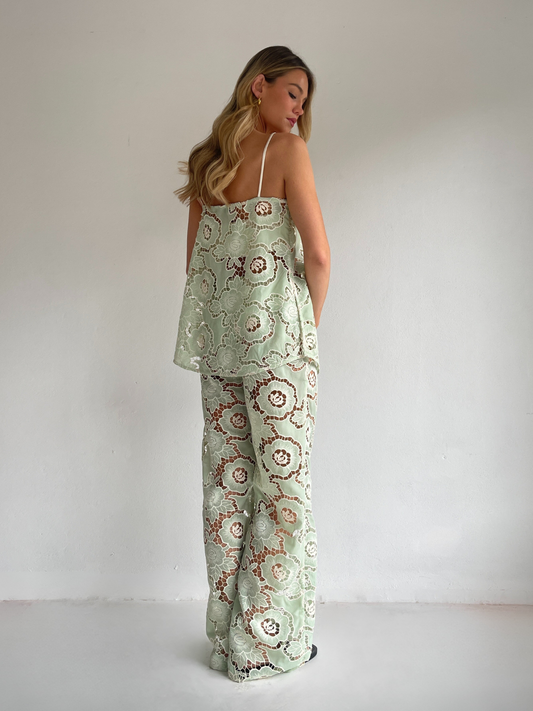 By Nicola Romily cami and pant set in mint lace with floral cut-out detailing, perfect for summer events and evenings out