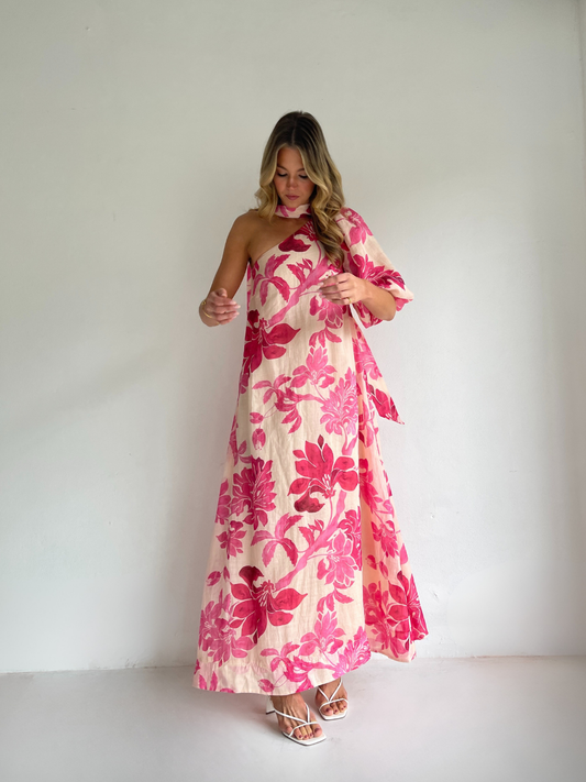 By Nicola Astrid maxi dress in potpourri pink floral print with soft linen cotton ramie and flowing silhouette, perfect for weddings and summer events