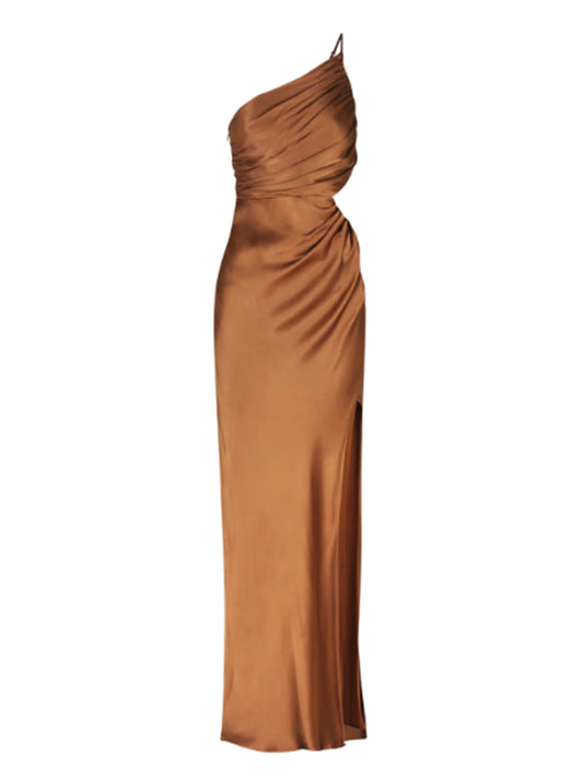 Shona Joy Asymmetrical Gathered Maxi Dress in Almond