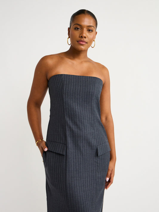 Bec and Bridge Pine Strapless Maxi in Charcoal Pinstripe