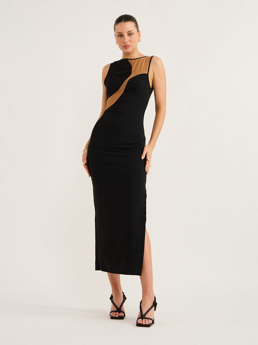 By Johnny Cassandra Contrast Curve Dress in Black/Tan