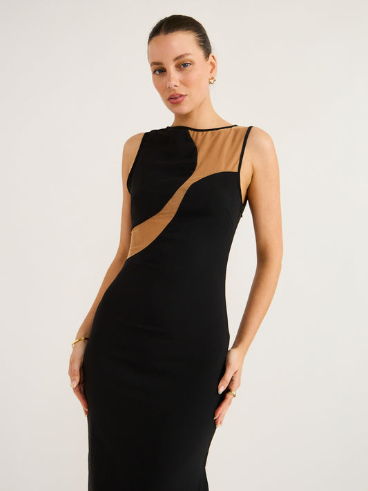 By Johnny Cassandra Contrast Curve Dress in Black/Tan