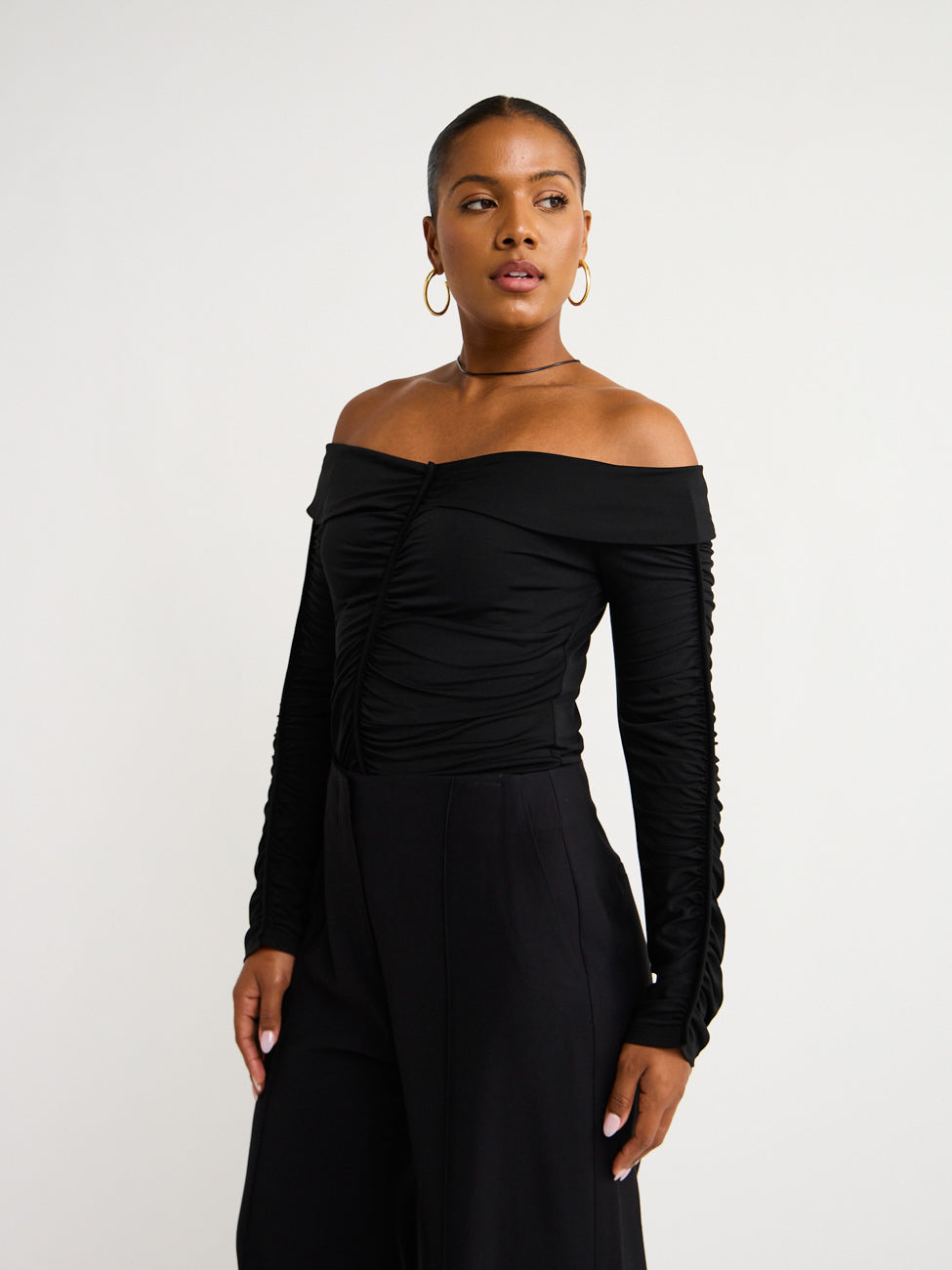 Black ruched off the 2025 shoulder top