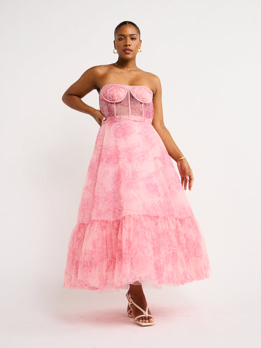 Leo Lin Rae Bustier Midi Dress in Harmony Print in Plum Blossom