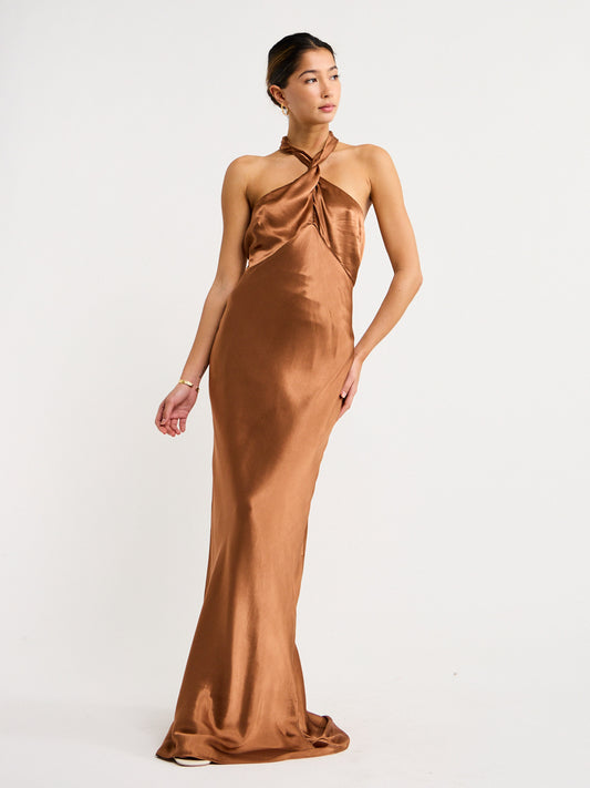 Shona Joy High Neck Twist Maxi Dress in Almond