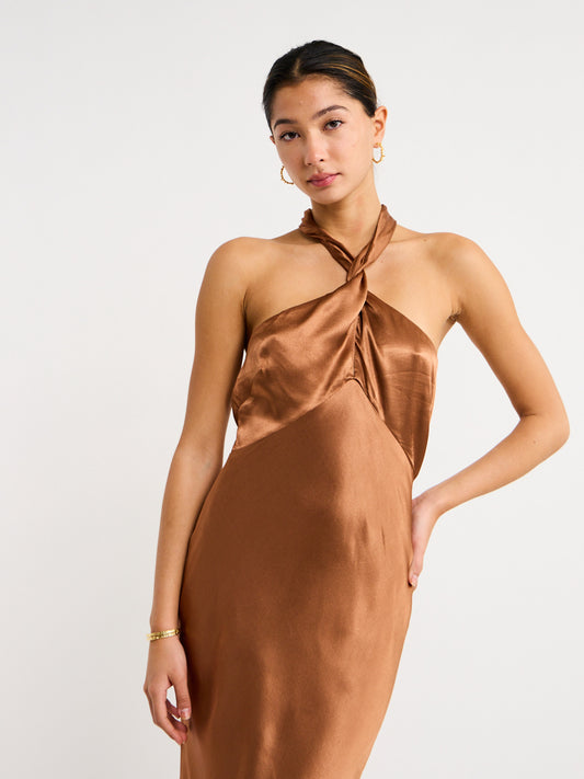 Shona Joy High Neck Twist Maxi Dress in Almond