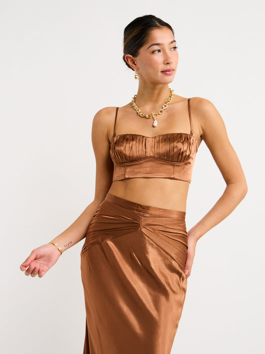 Shona Joy Ruched Maxi Skirt in Almond