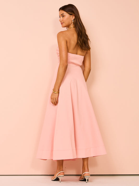 By Johnny Alessia Gather Strapless Midi Dress in Pink