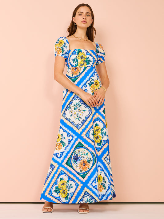 By Nicola Mariposa Puff Sleeve Maxi Dress in Azure Floral