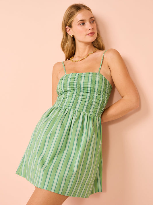 Faithfull the Brand Rhea Mini Dress in Akaia Stripe Green Coco & Lola Faithfull the Brand Rhea Mini Dress in Akaia Stripe Green Coco & Lola