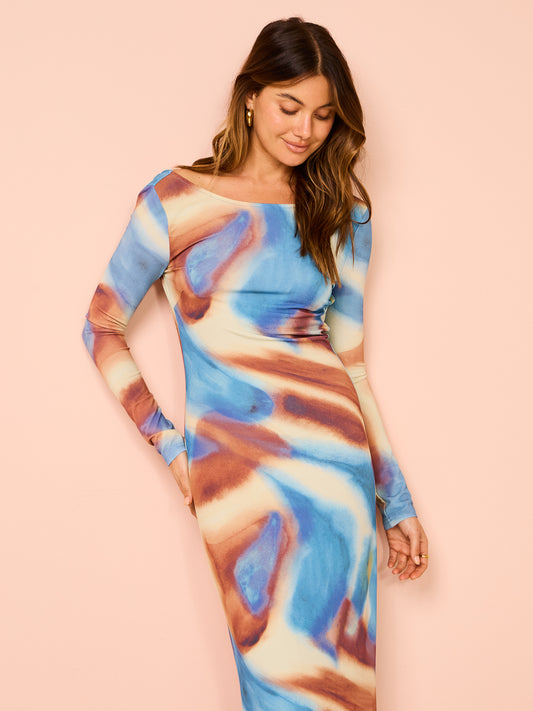 blue marble long sleeve dress High Neck Long Sleeve Mini Bodycon Dress In Blue Marble Print Mesh | EGO US